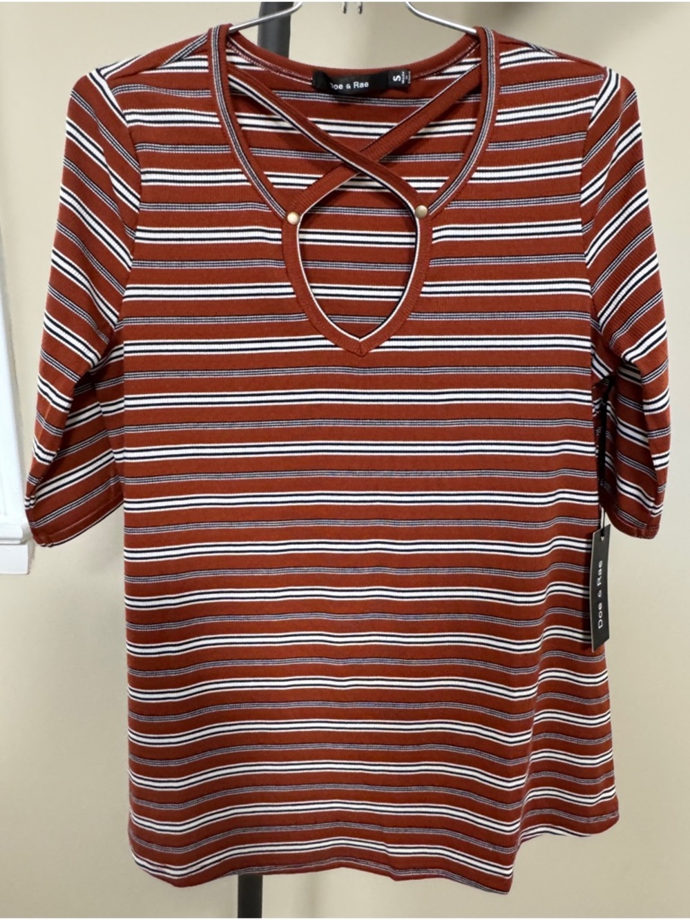 Doe & Rae Striped Short Sleeve Top with Crisscross Keyhole